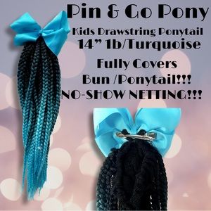 DRAWSTRING PONYTAIL FOR KIDS - Ombre 1B Light Blue Braids w/ Bow-READY TO SHIP!